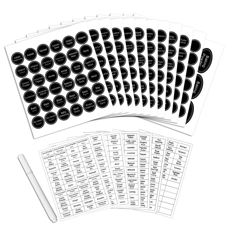 SWOMMOLY 771 Printed Spice Jar Labels with Extra Write-on Labels, Pantry Stickers and Chalk Marker Pen. Chalkboard and Transparent Set - Image 1